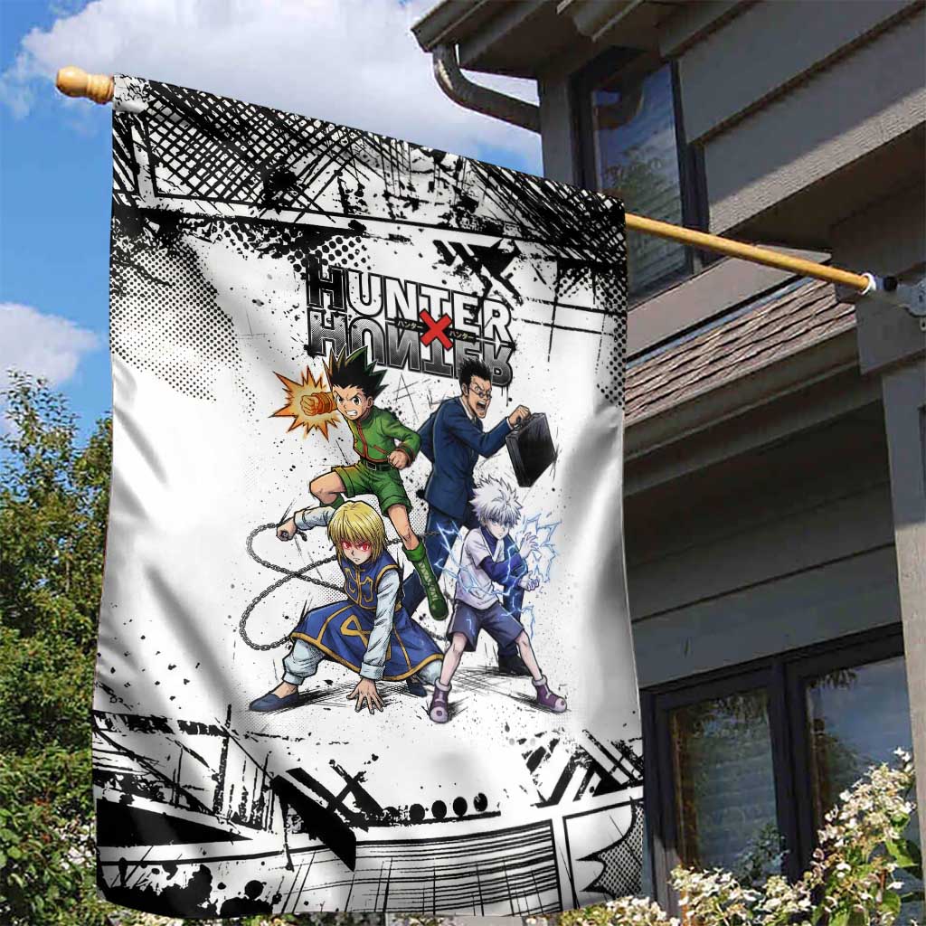 Main Characters Monochrome Graffiti Style Garden Flag with Gon Killua Kurapika and Leorio Team Design - The Mazicc