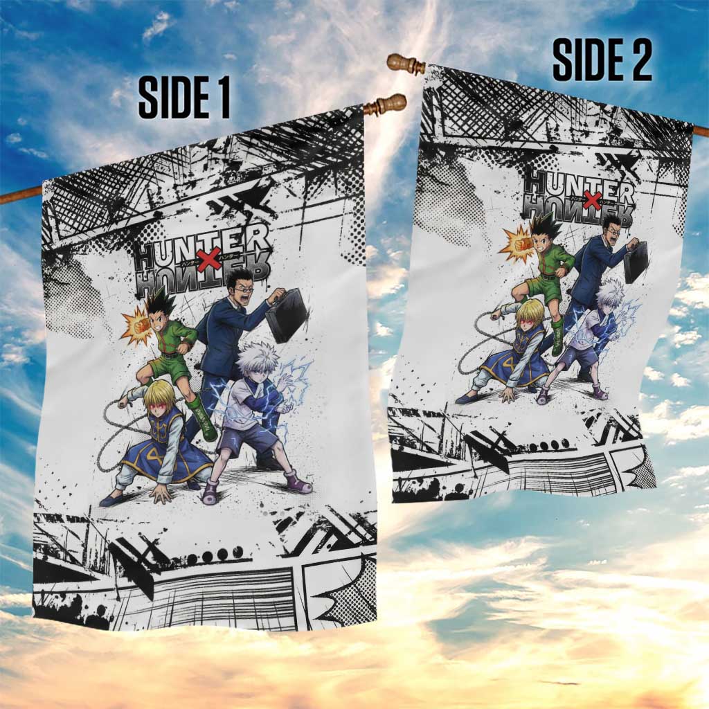 Main Characters Monochrome Graffiti Style Garden Flag with Gon Killua Kurapika and Leorio Team Design - The Mazicc