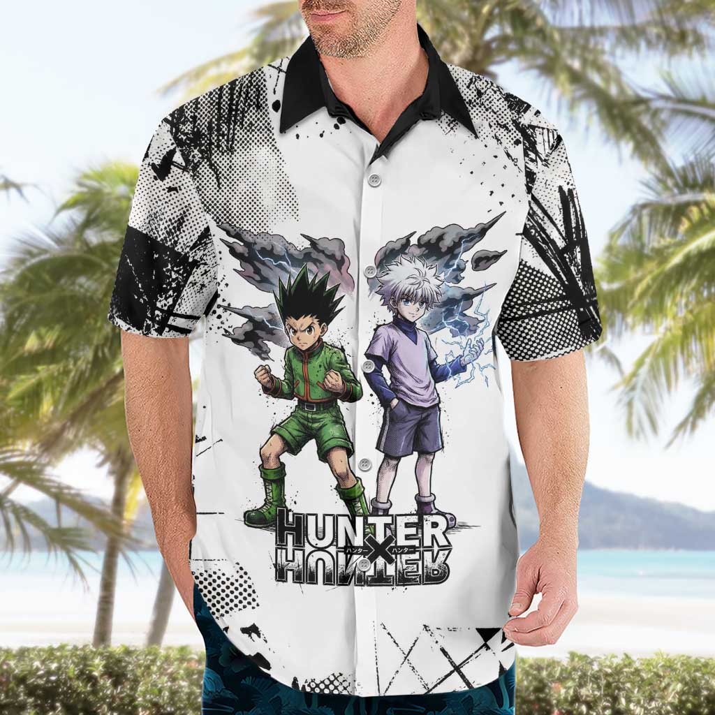 Main Characters Monochrome Graffiti Style Hawaiian Shirt with Gon Killua Kurapika and Leorio Team Design - The Mazicc