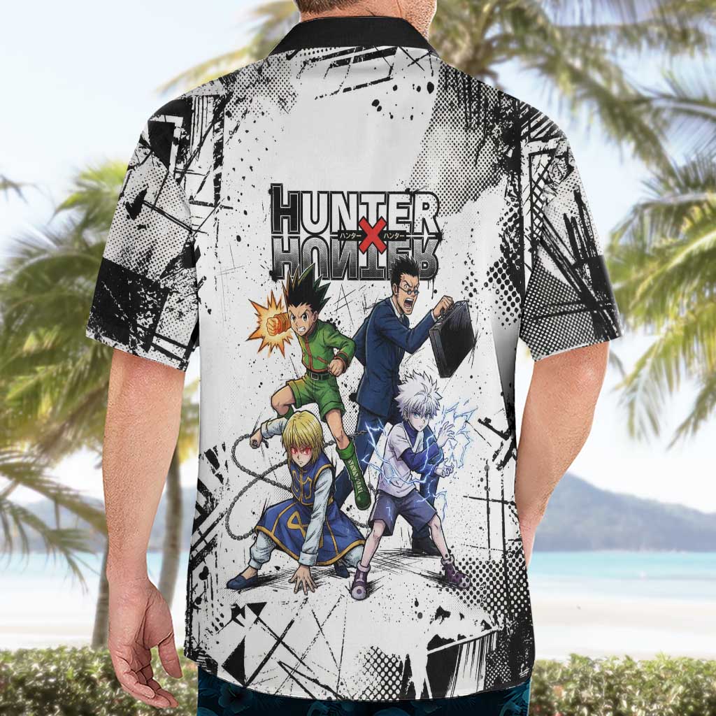 Main Characters Monochrome Graffiti Style Hawaiian Shirt with Gon Killua Kurapika and Leorio Team Design - The Mazicc