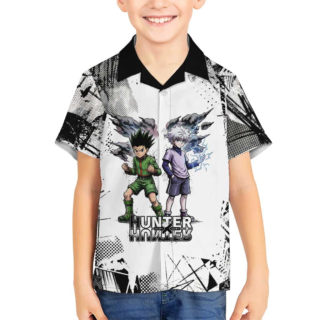 Main Characters Monochrome Graffiti Style Hawaiian Shirt with Gon Killua Kurapika and Leorio Team Design - The Mazicc