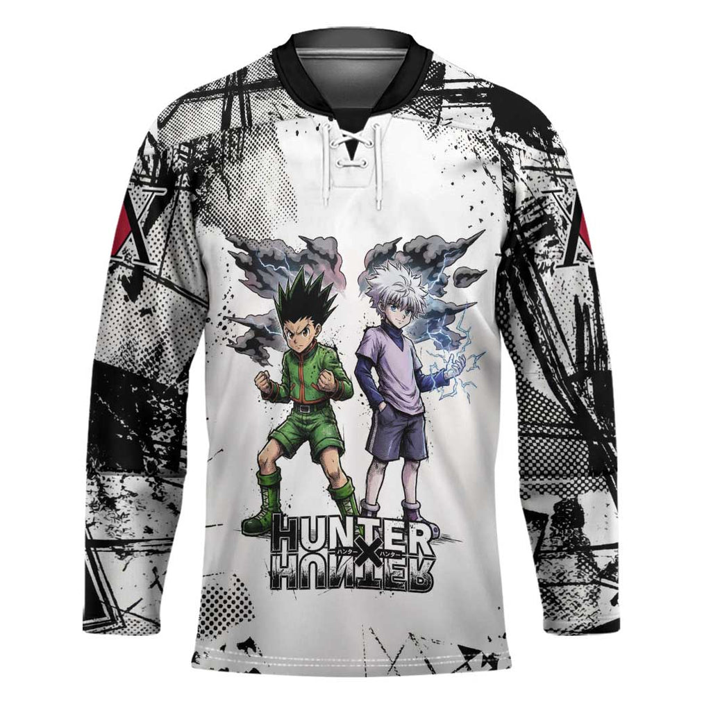 Main Characters Monochrome Graffiti Style Hockey Jersey with Gon Killua Kurapika and Leorio Team Design - The Mazicc