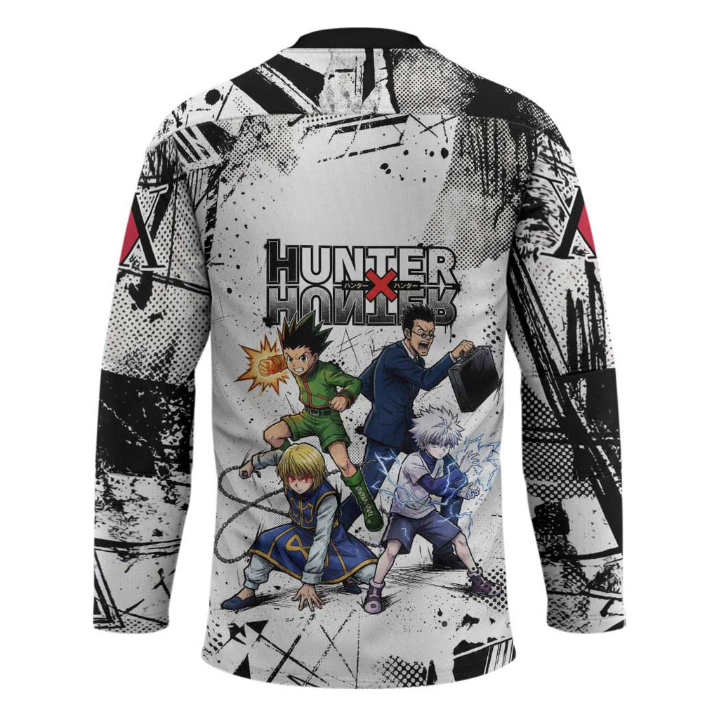 Main Characters Monochrome Graffiti Style Hockey Jersey with Gon Killua Kurapika and Leorio Team Design - The Mazicc