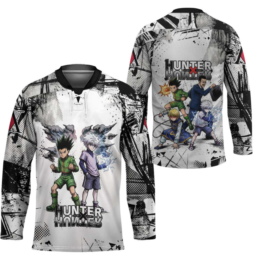 Main Characters Monochrome Graffiti Style Hockey Jersey with Gon Killua Kurapika and Leorio Team Design - The Mazicc