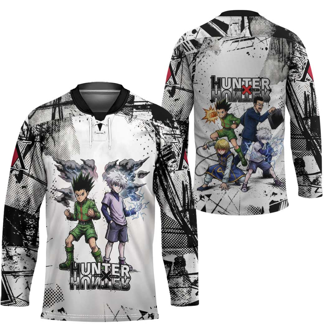 Main Characters Monochrome Graffiti Style Hockey Jersey with Gon Killua Kurapika and Leorio Team Design - The Mazicc