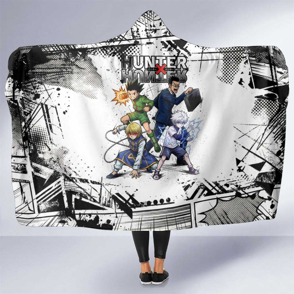 Main Characters Monochrome Graffiti Style Hooded Blanket with Gon Killua Kurapika and Leorio Team Design - The Mazicc