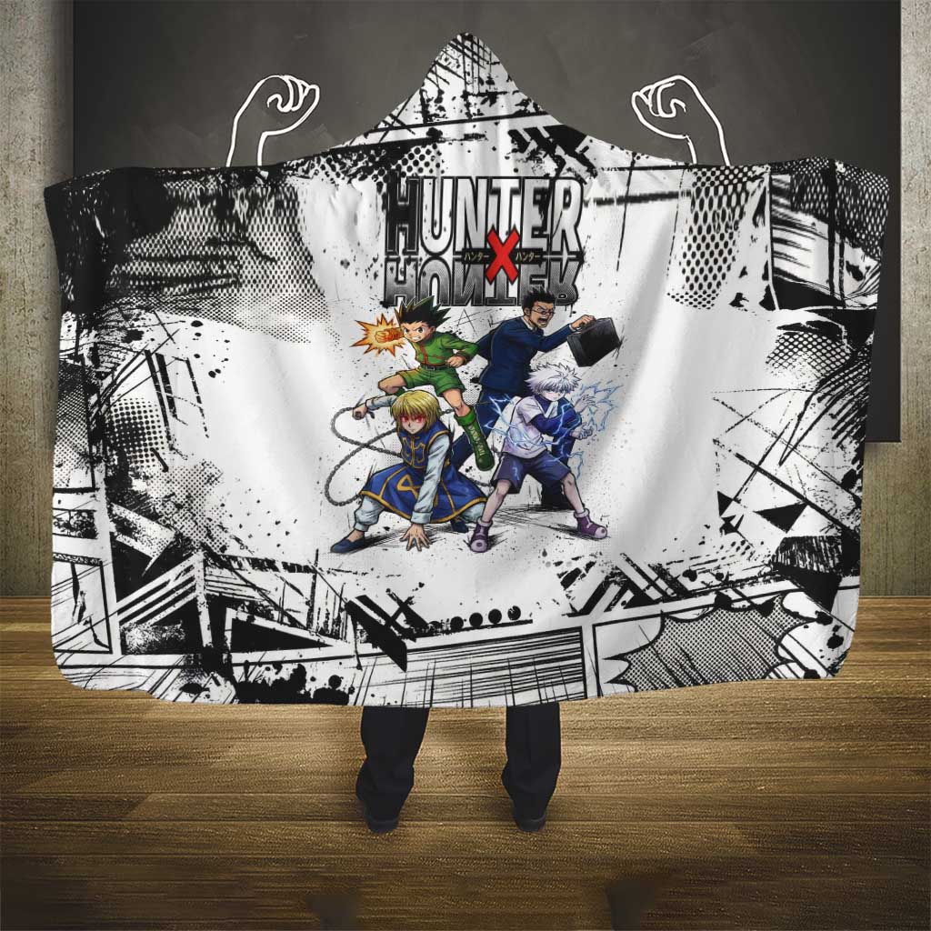 Main Characters Monochrome Graffiti Style Hooded Blanket with Gon Killua Kurapika and Leorio Team Design - The Mazicc