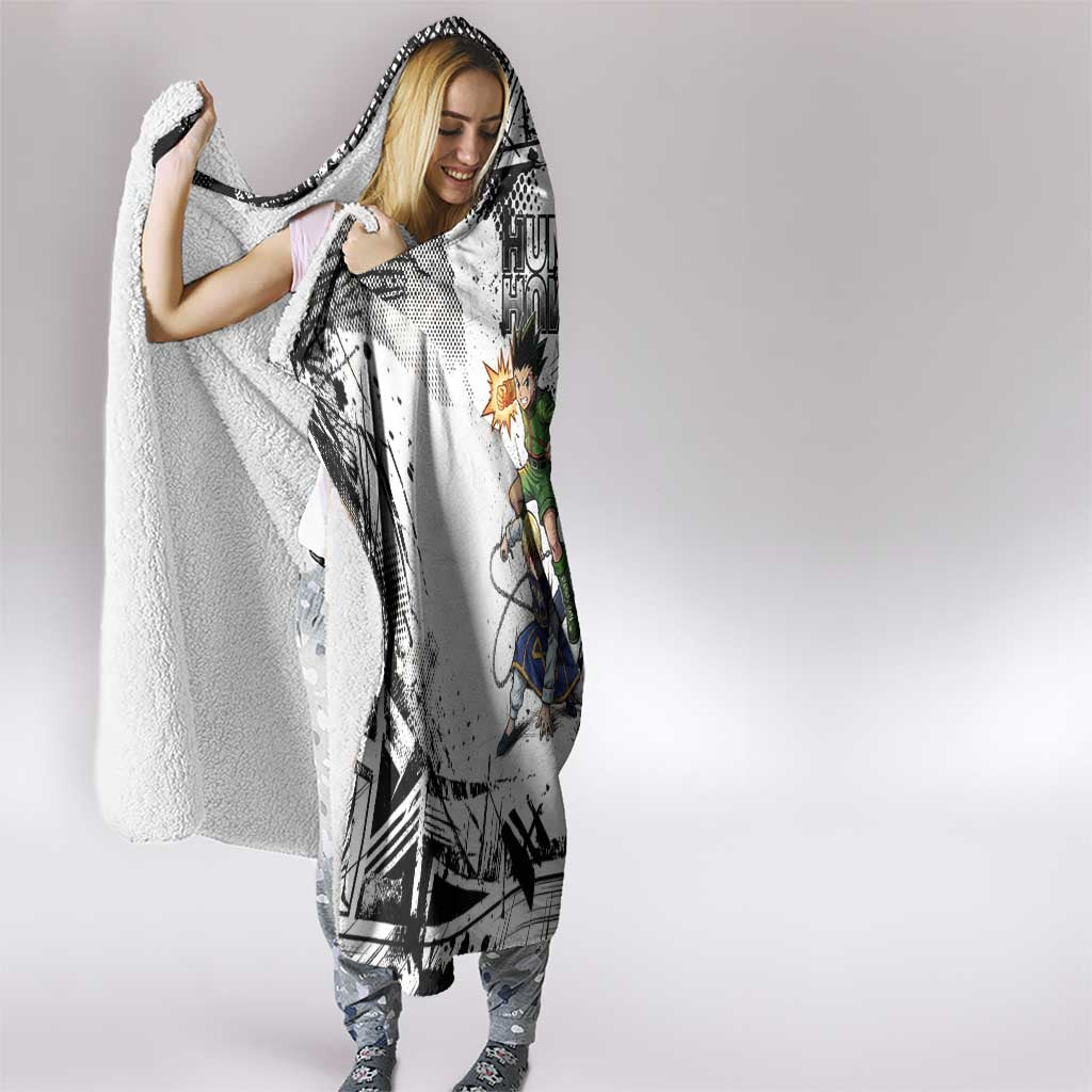 Main Characters Monochrome Graffiti Style Hooded Blanket with Gon Killua Kurapika and Leorio Team Design - The Mazicc