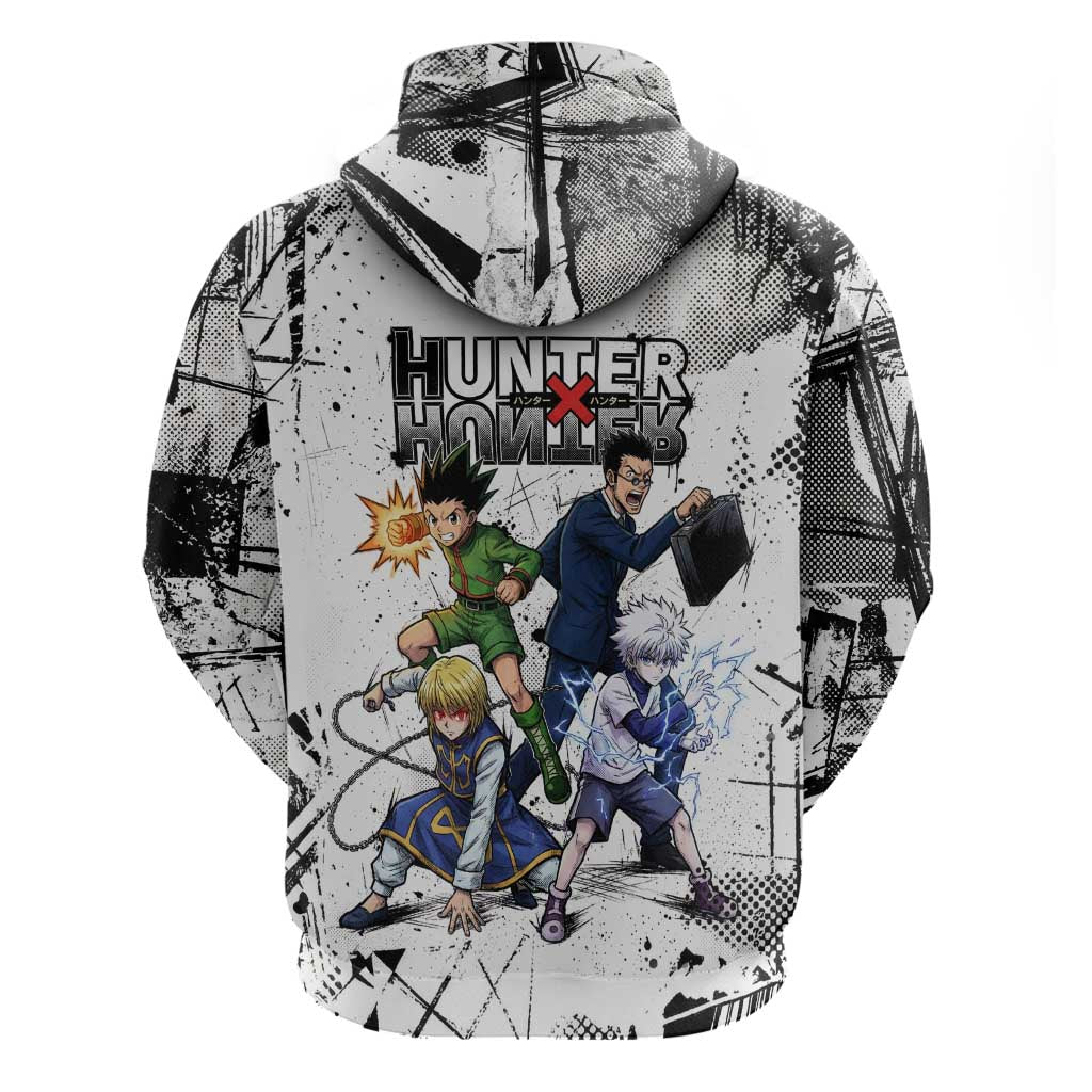 Main Characters Monochrome Graffiti Style Hoodie with Gon Killua Kurapika and Leorio Team Design - The Mazicc