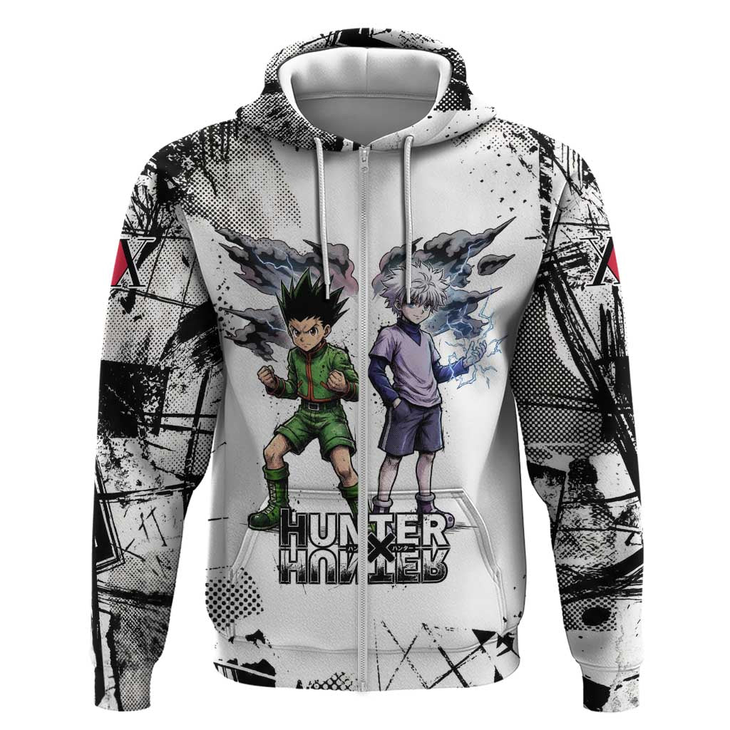 Main Characters Monochrome Graffiti Style Hoodie with Gon Killua Kurapika and Leorio Team Design - The Mazicc