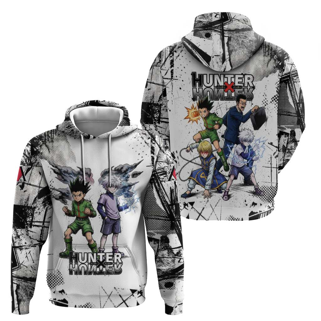 Main Characters Monochrome Graffiti Style Hoodie with Gon Killua Kurapika and Leorio Team Design - The Mazicc