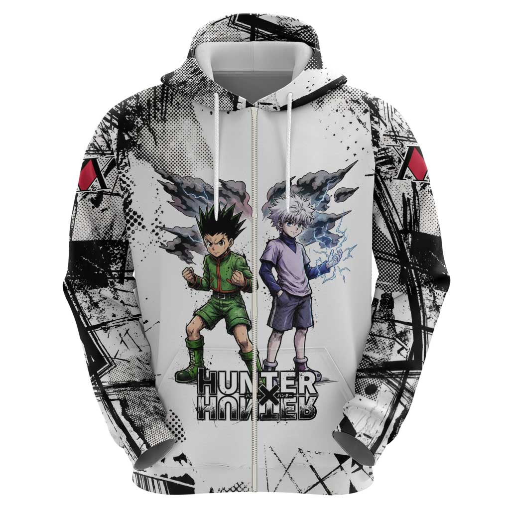 Main Characters Monochrome Graffiti Style Hoodie with Gon Killua Kurapika and Leorio Team Design - The Mazicc