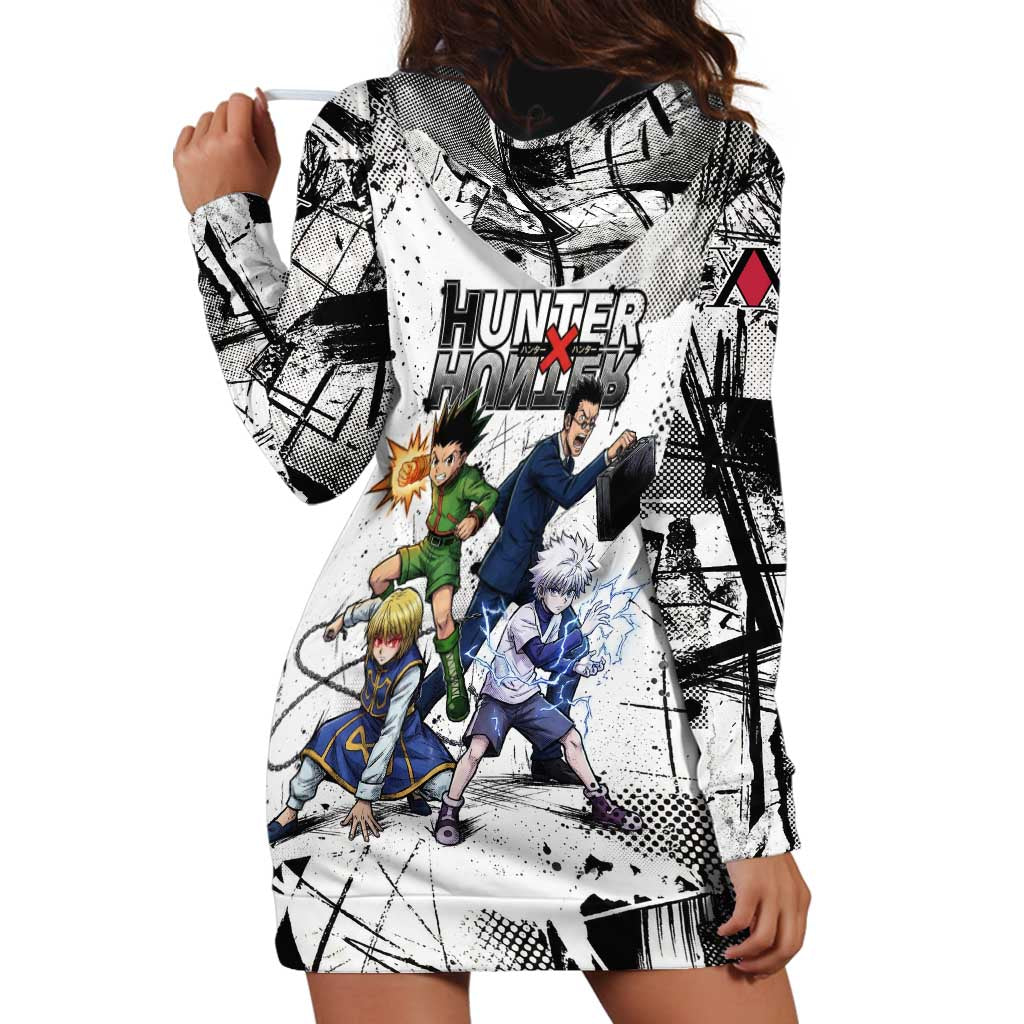 Main Characters Monochrome Graffiti Style Hoodie Dress with Gon Killua Kurapika and Leorio Team Design - The Mazicc