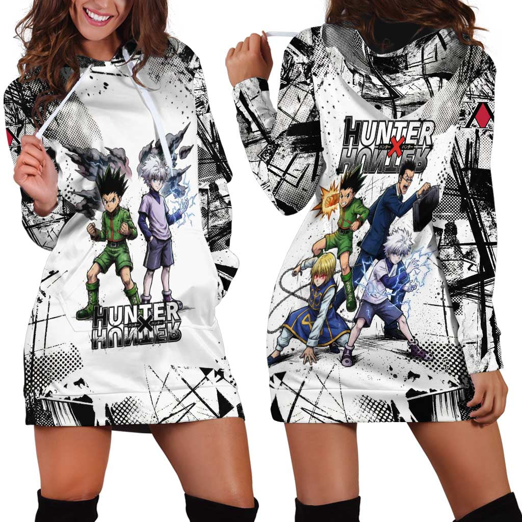 Main Characters Monochrome Graffiti Style Hoodie Dress with Gon Killua Kurapika and Leorio Team Design - The Mazicc