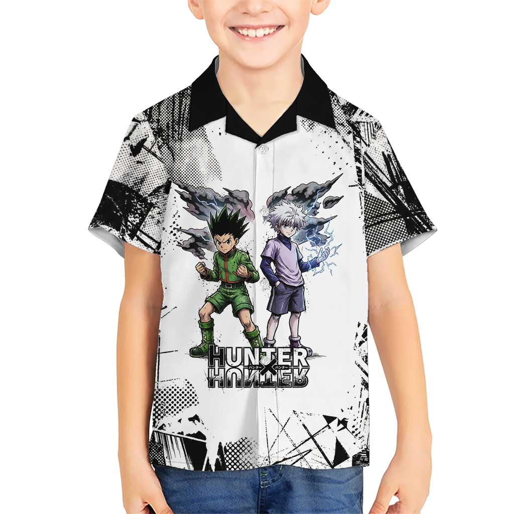Main Characters Monochrome Graffiti Style Kid Hawaiian Shirt with Gon Killua Kurapika and Leorio Team Design - The Mazicc