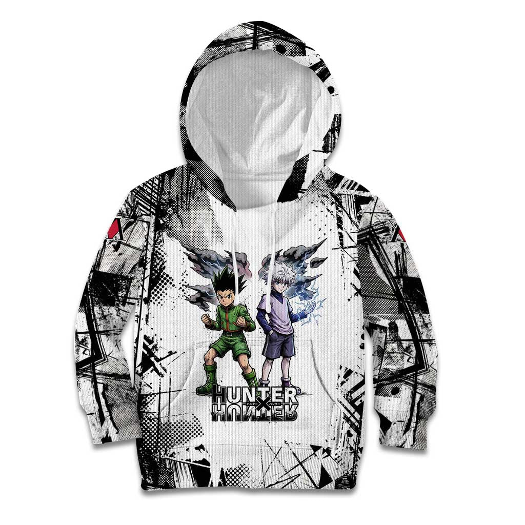 Main Characters Monochrome Graffiti Style Kid Hoodie with Gon Killua Kurapika and Leorio Team Design - The Mazicc