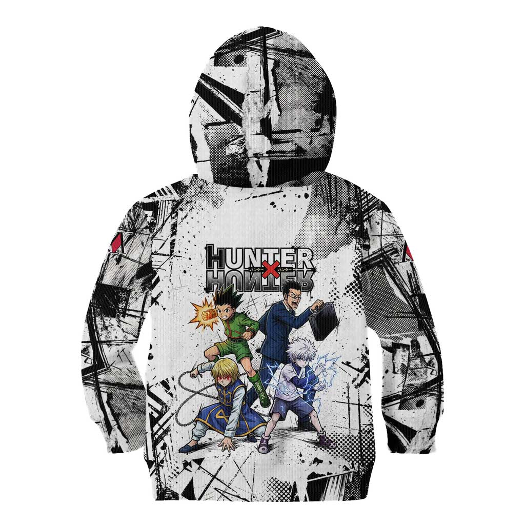 Main Characters Monochrome Graffiti Style Kid Hoodie with Gon Killua Kurapika and Leorio Team Design - The Mazicc