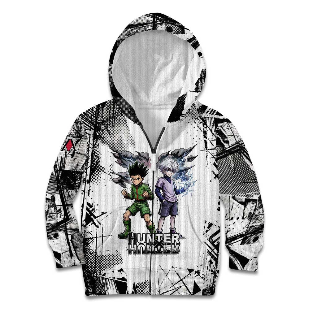 Main Characters Monochrome Graffiti Style Kid Hoodie with Gon Killua Kurapika and Leorio Team Design - The Mazicc
