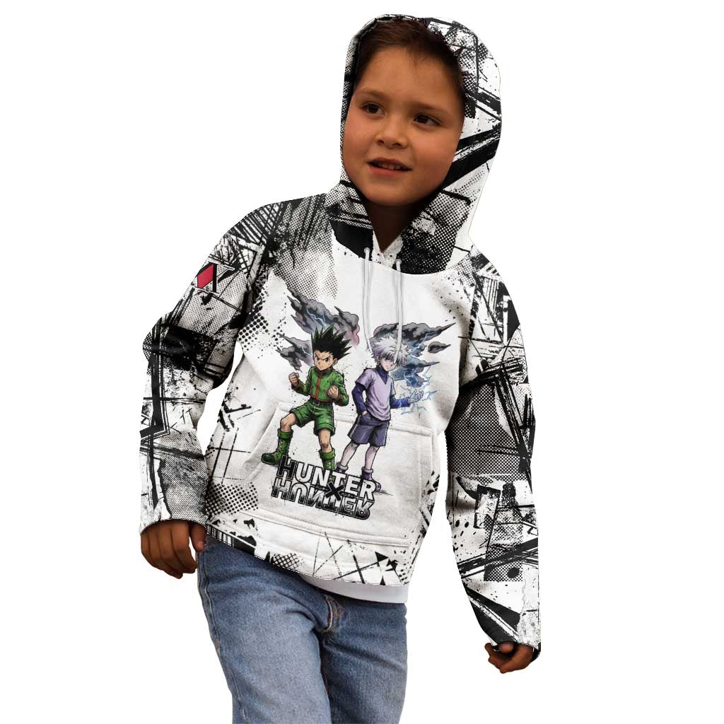 Main Characters Monochrome Graffiti Style Kid Hoodie with Gon Killua Kurapika and Leorio Team Design - The Mazicc