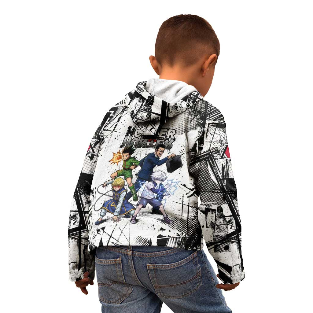 Main Characters Monochrome Graffiti Style Kid Hoodie with Gon Killua Kurapika and Leorio Team Design - The Mazicc