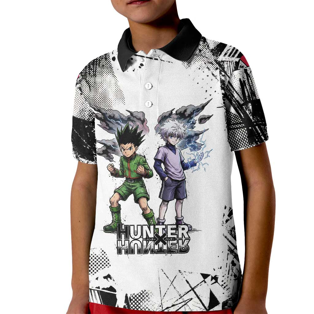 Main Characters Monochrome Graffiti Style Kid Polo Shirt with Gon Killua Kurapika and Leorio Team Design - The Mazicc
