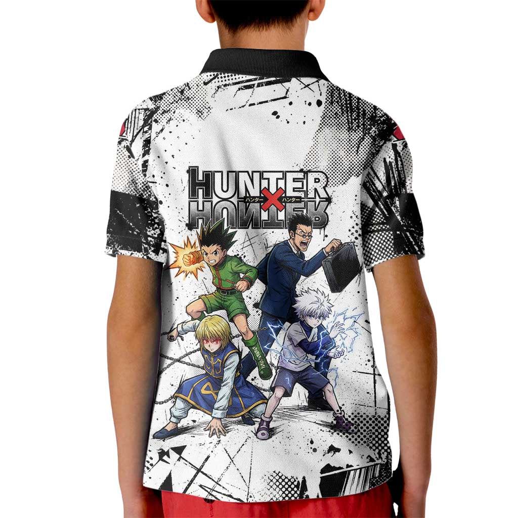 Main Characters Monochrome Graffiti Style Kid Polo Shirt with Gon Killua Kurapika and Leorio Team Design - The Mazicc