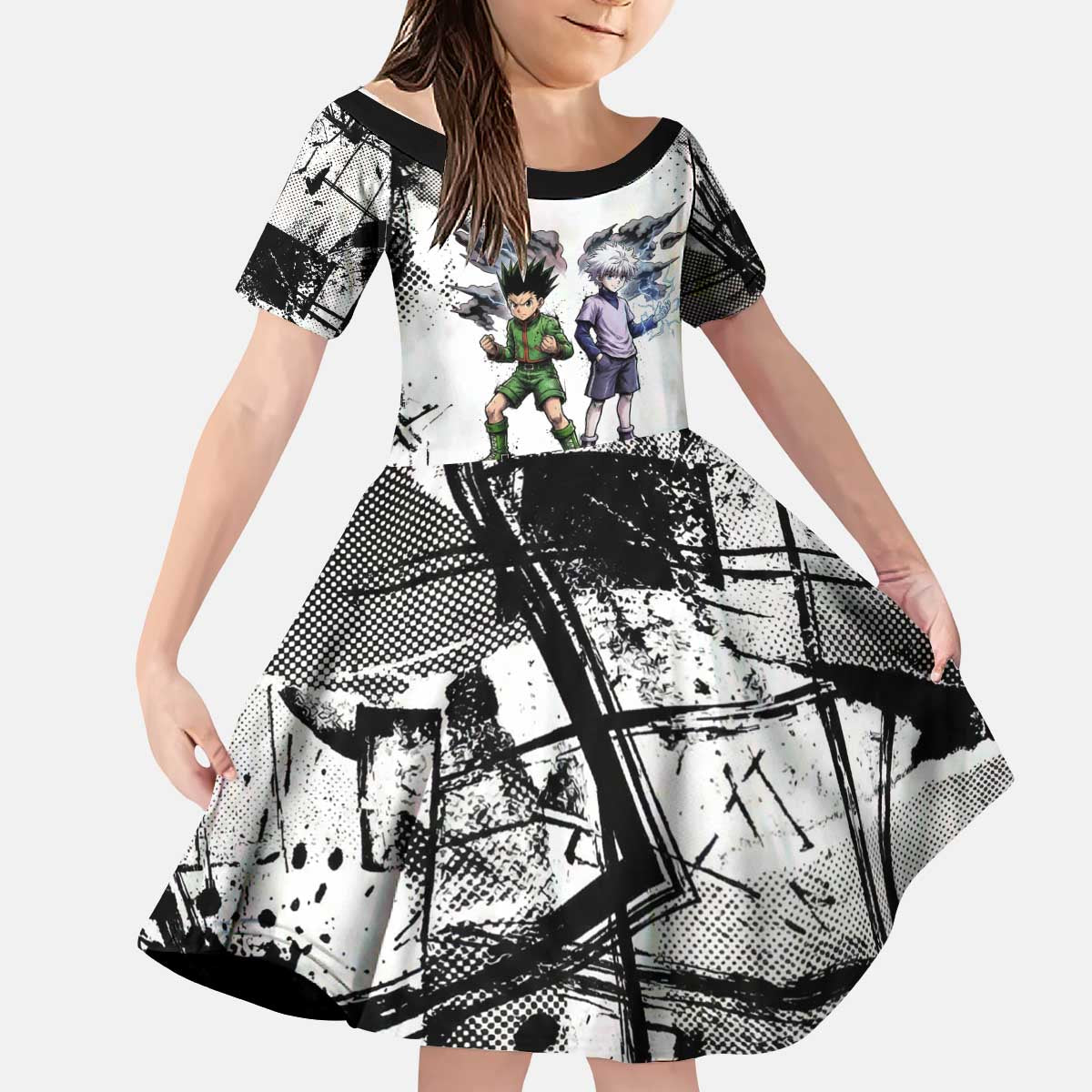 Main Characters Monochrome Graffiti Style Kid Short Sleeve Dress with Gon Killua Kurapika and Leorio Team Design - The Mazicc
