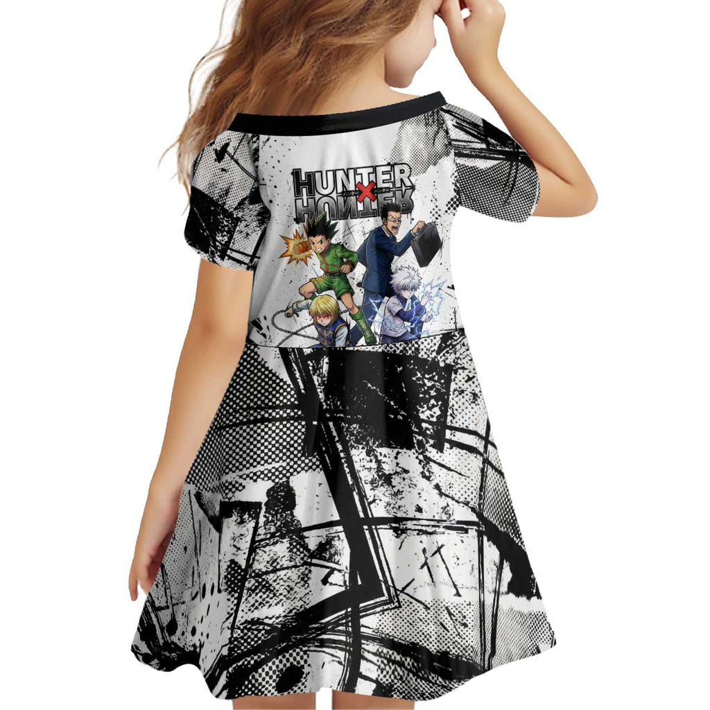 Main Characters Monochrome Graffiti Style Kid Short Sleeve Dress with Gon Killua Kurapika and Leorio Team Design - The Mazicc