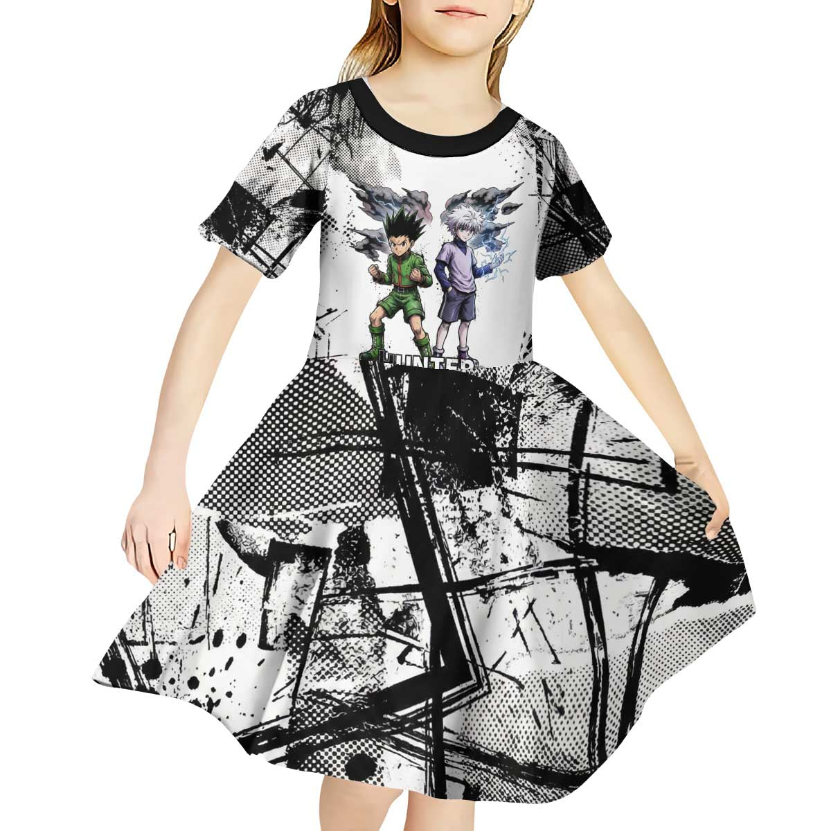 Main Characters Monochrome Graffiti Style Kid Short Sleeve Dress with Gon Killua Kurapika and Leorio Team Design - The Mazicc