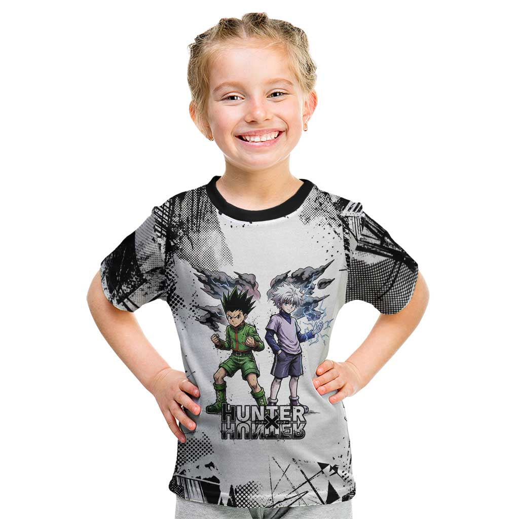Main Characters Monochrome Graffiti Style Kid T Shirt with Gon Killua Kurapika and Leorio Team Design - The Mazicc