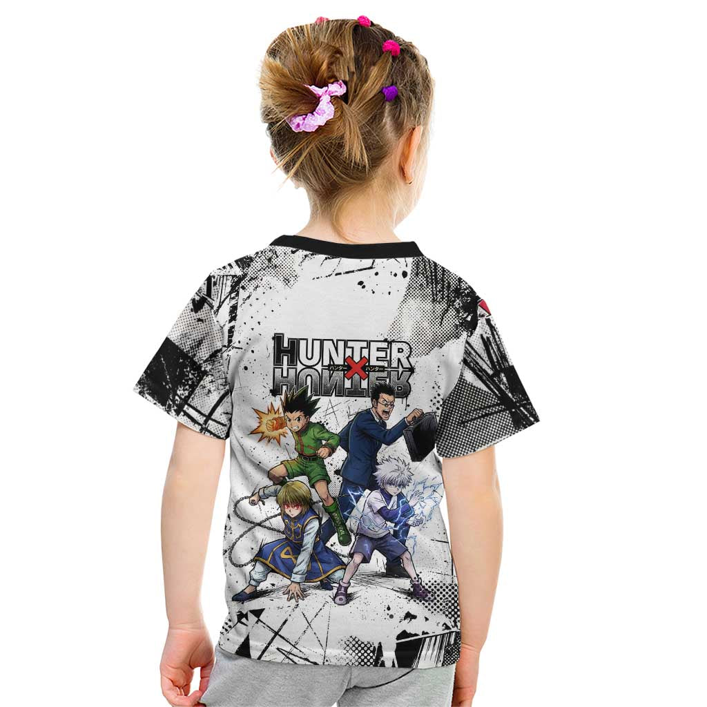 Main Characters Monochrome Graffiti Style Kid T Shirt with Gon Killua Kurapika and Leorio Team Design - The Mazicc