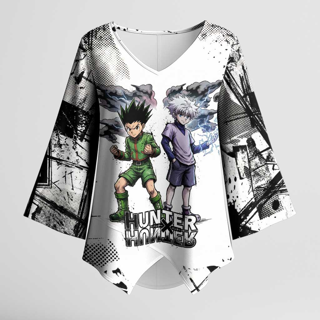 Main Characters Monochrome Graffiti Style Kimono Sleeve Blouse with Gon Killua Kurapika and Leorio Team Design - The Mazicc
