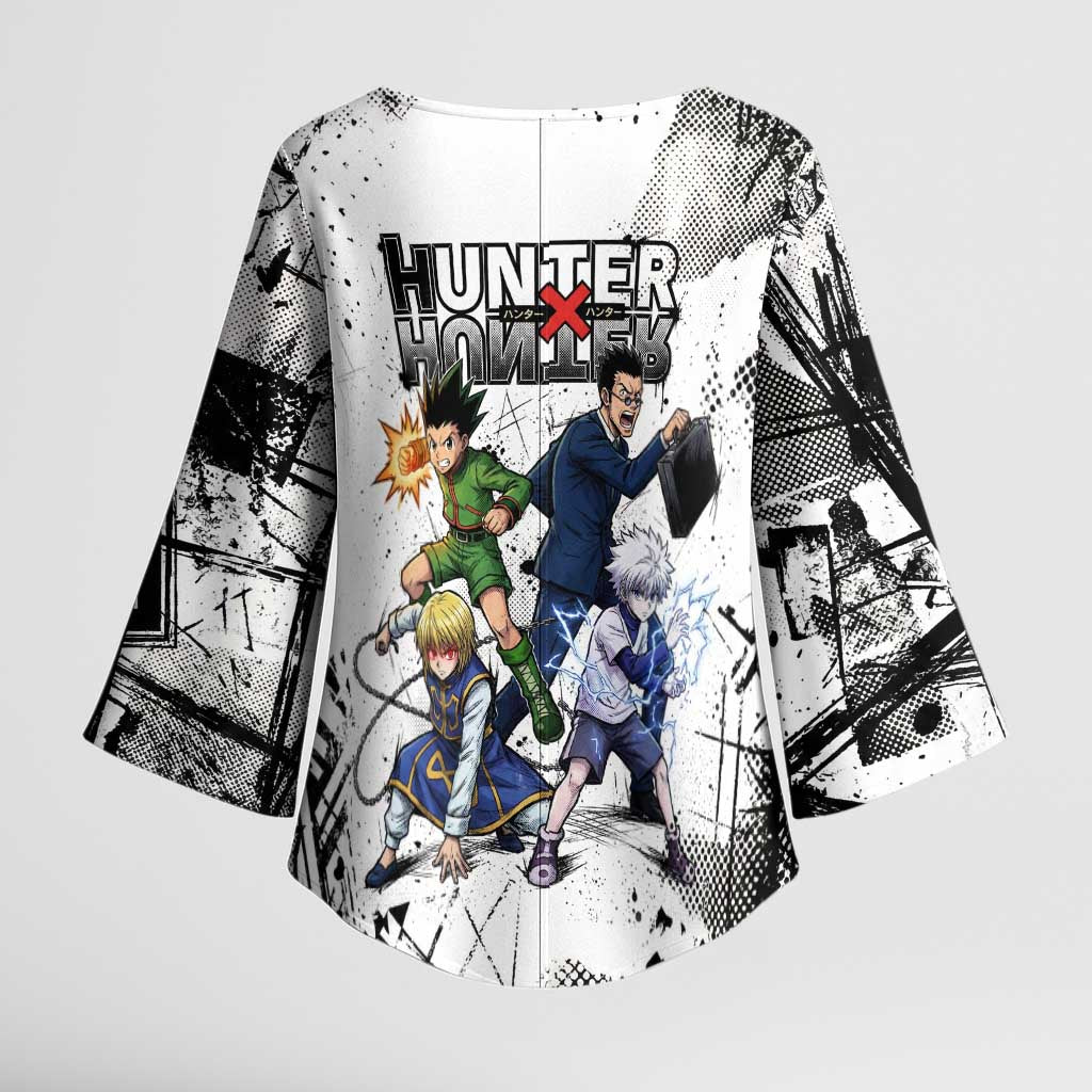 Main Characters Monochrome Graffiti Style Kimono Sleeve Blouse with Gon Killua Kurapika and Leorio Team Design - The Mazicc