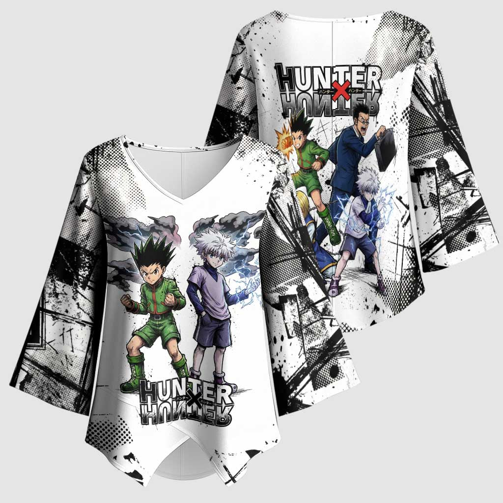Main Characters Monochrome Graffiti Style Kimono Sleeve Blouse with Gon Killua Kurapika and Leorio Team Design - The Mazicc