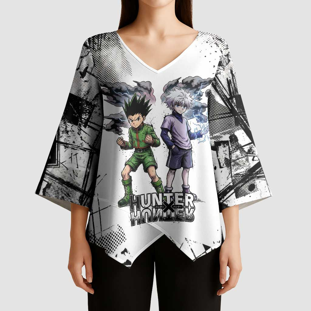 Main Characters Monochrome Graffiti Style Kimono Sleeve Blouse with Gon Killua Kurapika and Leorio Team Design - The Mazicc
