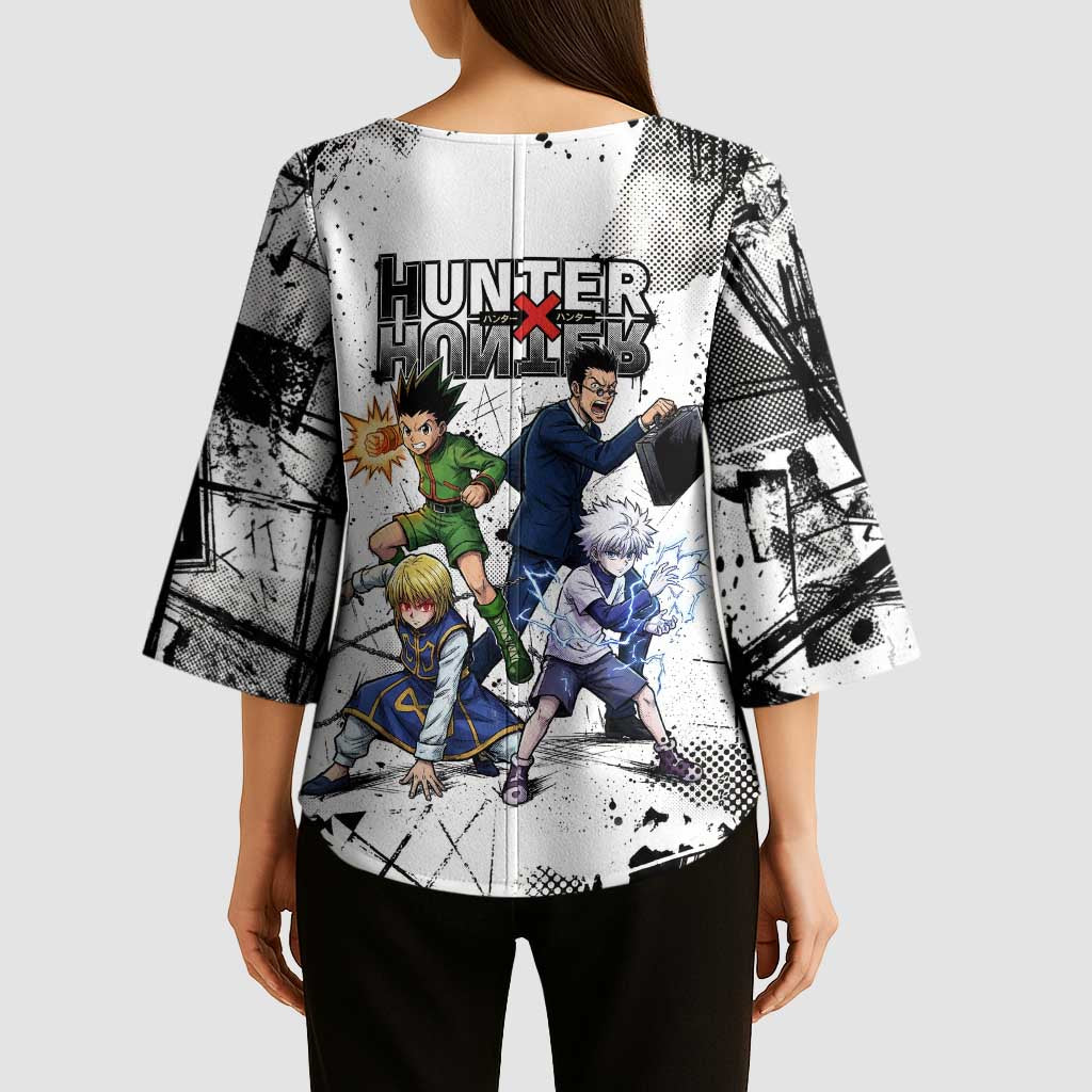 Main Characters Monochrome Graffiti Style Kimono Sleeve Blouse with Gon Killua Kurapika and Leorio Team Design - The Mazicc