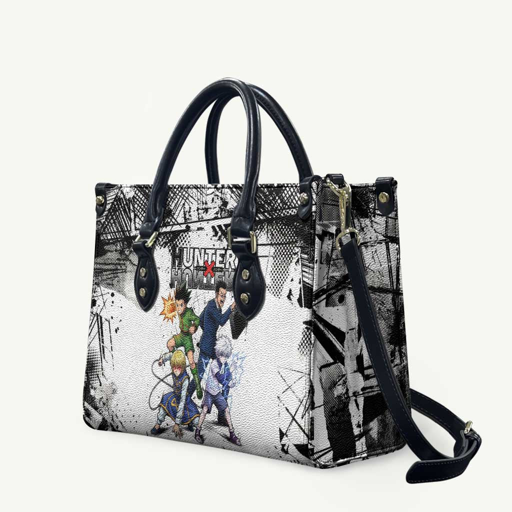 Main Characters Monochrome Graffiti Style Leather Bag with Gon Killua Kurapika and Leorio Team Design - The Mazicc