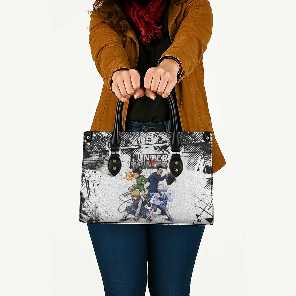 Main Characters Monochrome Graffiti Style Leather Bag with Gon Killua Kurapika and Leorio Team Design - The Mazicc