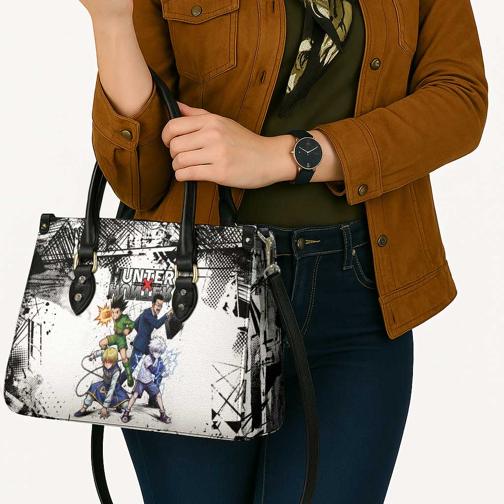 Main Characters Monochrome Graffiti Style Leather Bag with Gon Killua Kurapika and Leorio Team Design - The Mazicc