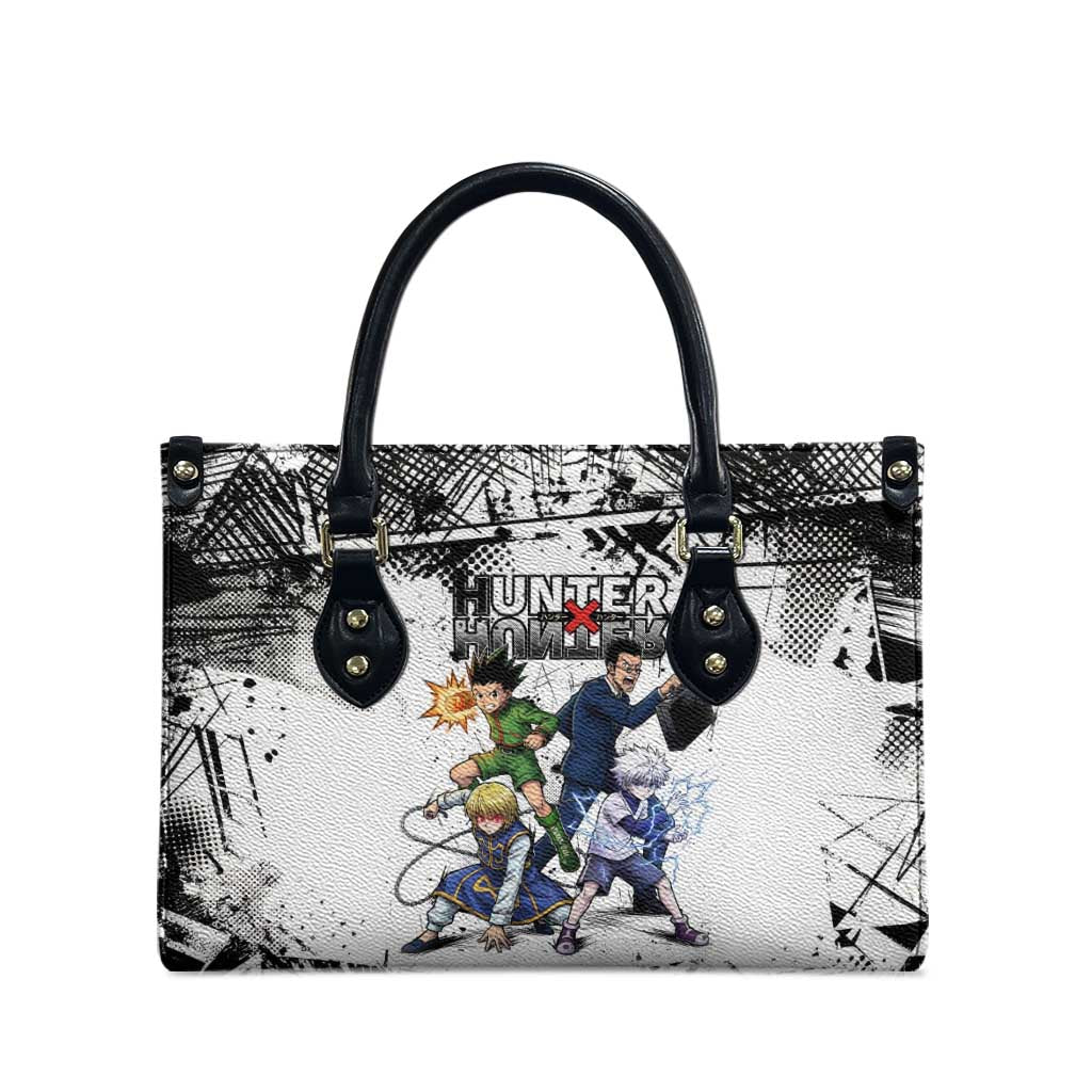 Main Characters Monochrome Graffiti Style Leather Bag with Gon Killua Kurapika and Leorio Team Design - The Mazicc