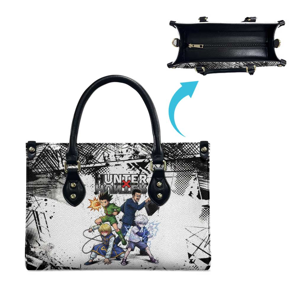 Main Characters Monochrome Graffiti Style Leather Bag with Gon Killua Kurapika and Leorio Team Design - The Mazicc
