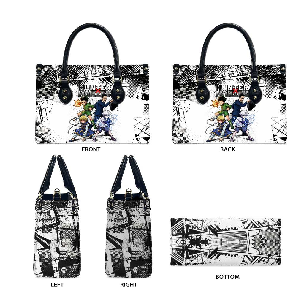 Main Characters Monochrome Graffiti Style Leather Bag with Gon Killua Kurapika and Leorio Team Design - The Mazicc