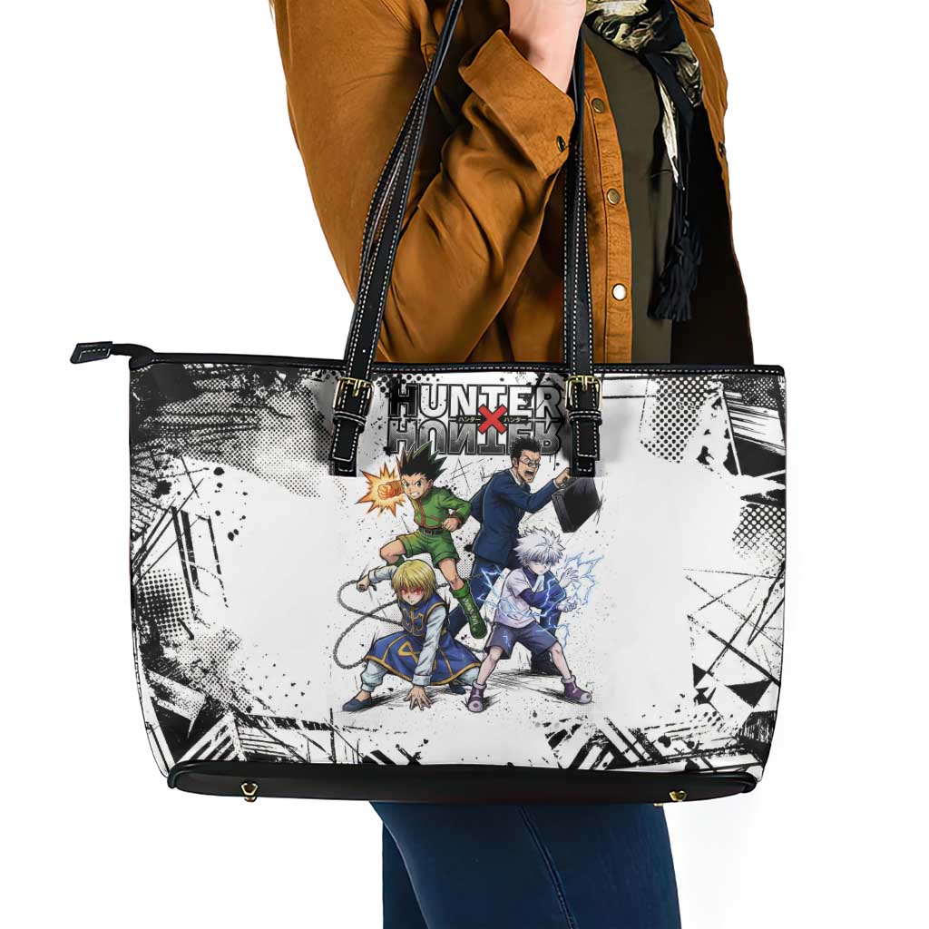 Main Characters Monochrome Graffiti Style Leather Tote Bag with Gon Killua Kurapika and Leorio Team Design - The Mazicc