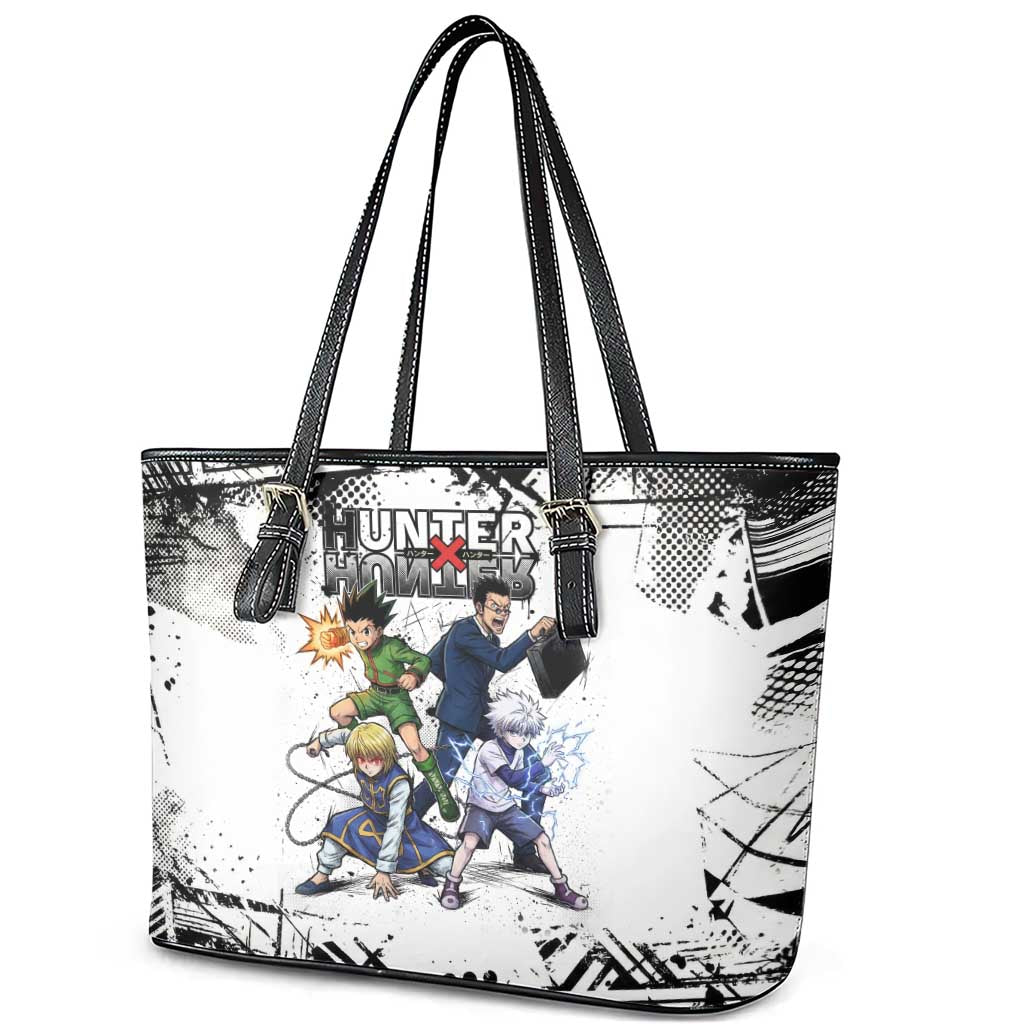 Main Characters Monochrome Graffiti Style Leather Tote Bag with Gon Killua Kurapika and Leorio Team Design - The Mazicc