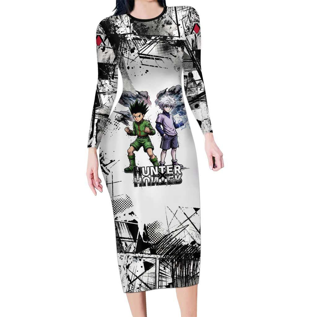 Main Characters Monochrome Graffiti Style Long Sleeve Bodycon Dress with Gon Killua Kurapika and Leorio Team Design - The Mazicc