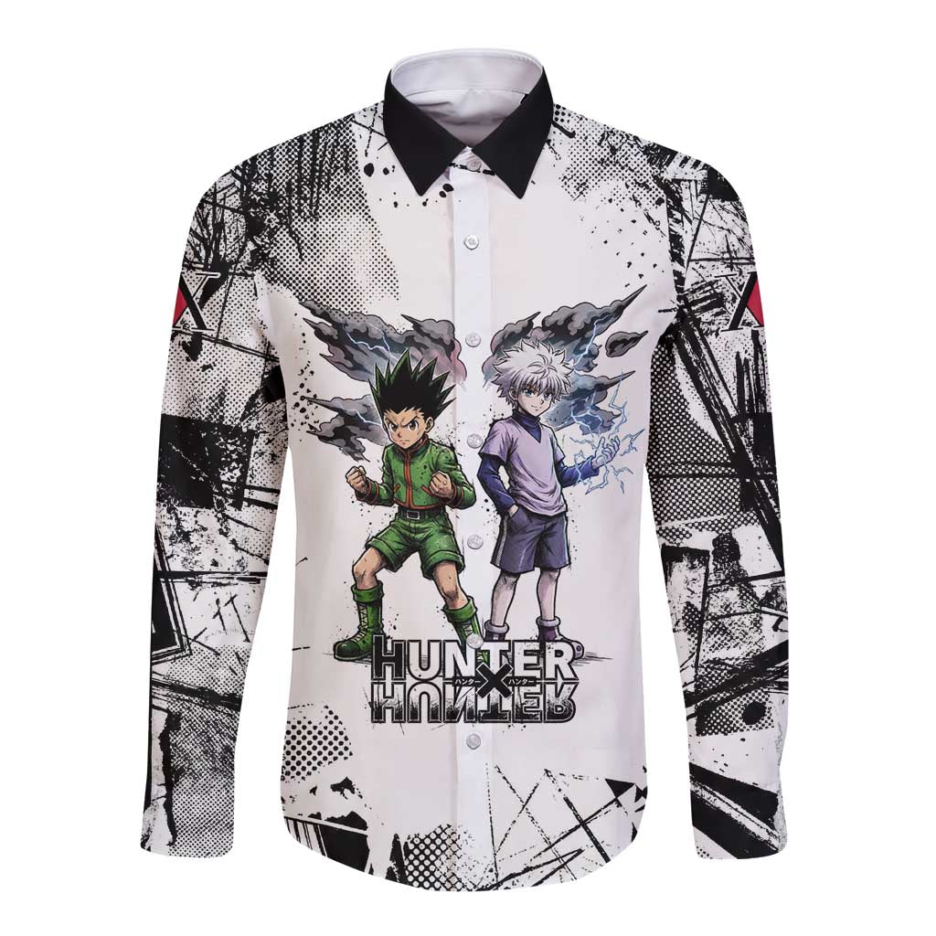 Main Characters Monochrome Graffiti Style Long Sleeve Button Shirt with Gon Killua Kurapika and Leorio Team Design - The Mazicc