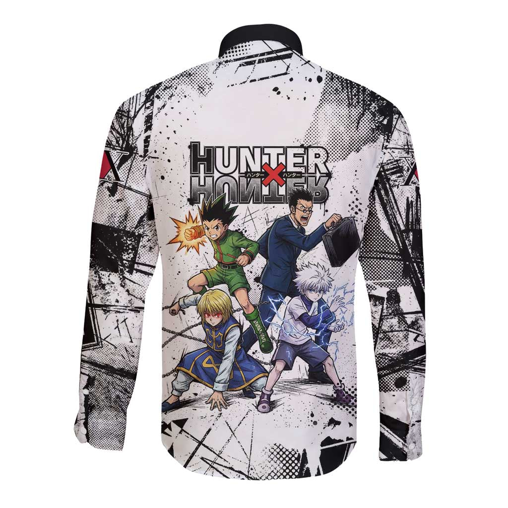 Main Characters Monochrome Graffiti Style Long Sleeve Button Shirt with Gon Killua Kurapika and Leorio Team Design - The Mazicc