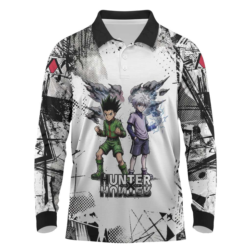 Main Characters Monochrome Graffiti Style Long Sleeve Polo Shirt with Gon Killua Kurapika and Leorio Team Design - The Mazicc