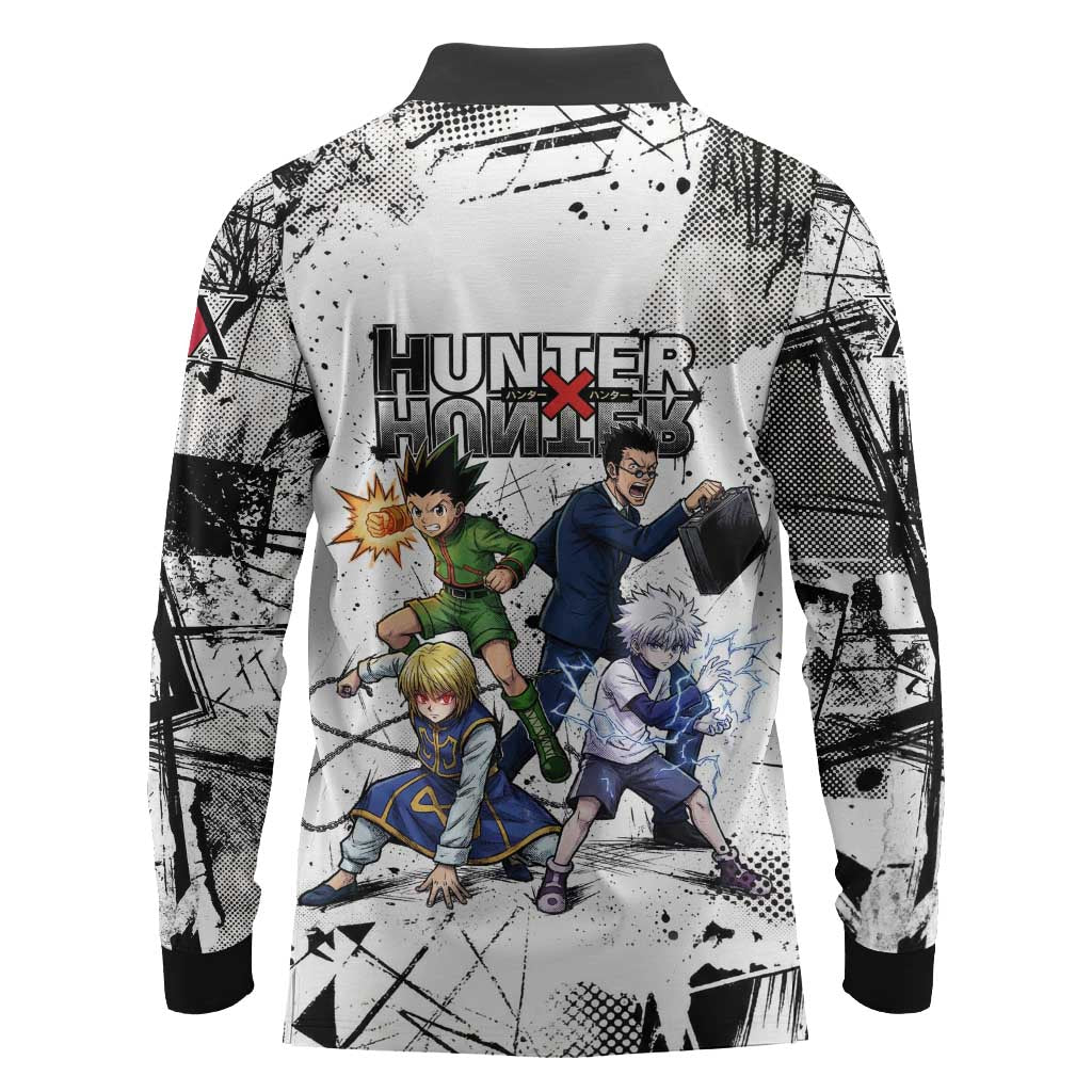 Main Characters Monochrome Graffiti Style Long Sleeve Polo Shirt with Gon Killua Kurapika and Leorio Team Design - The Mazicc