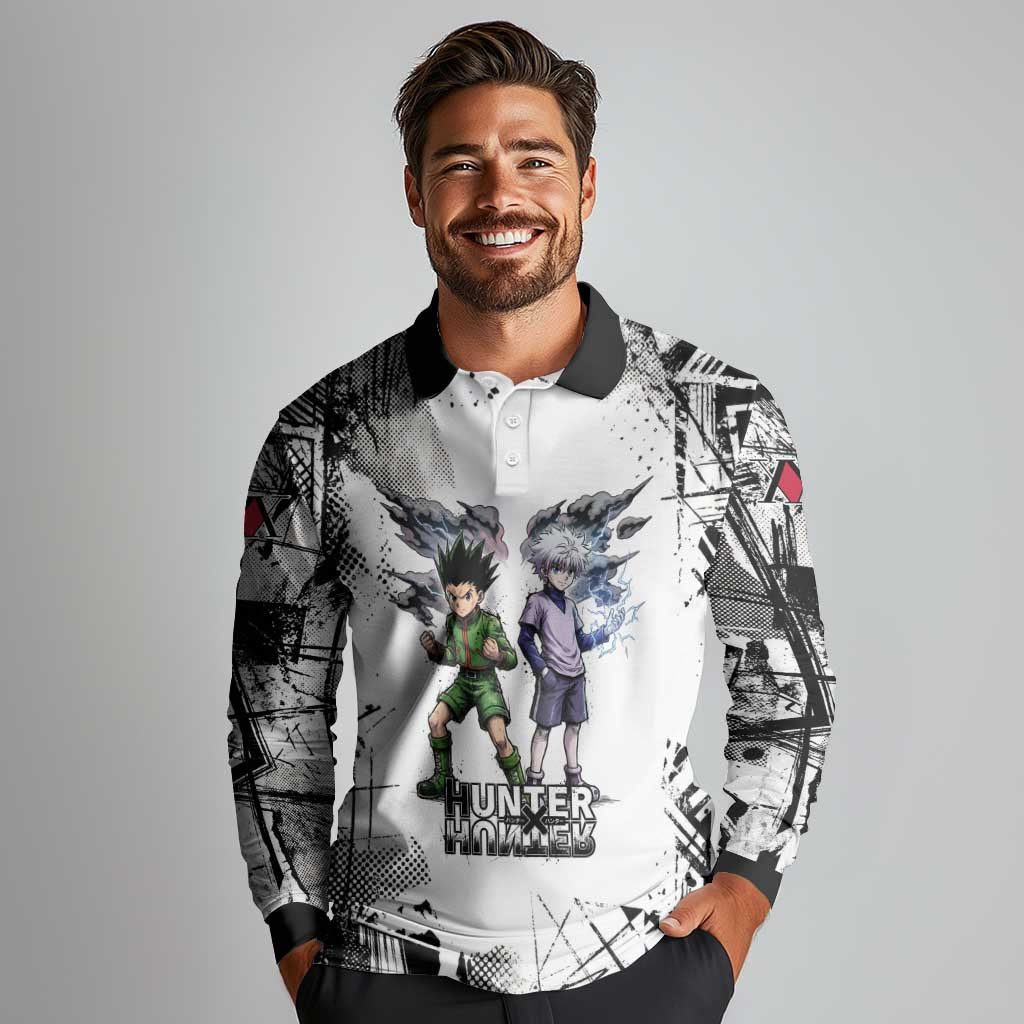 Main Characters Monochrome Graffiti Style Long Sleeve Polo Shirt with Gon Killua Kurapika and Leorio Team Design - The Mazicc
